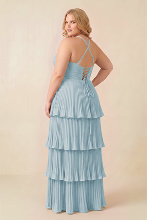 Sky Blue Tiered Pleated V-Neck A-Line Chiffon Bridesmaid Dress (4) [sizeplus] | KISSBRIDAL