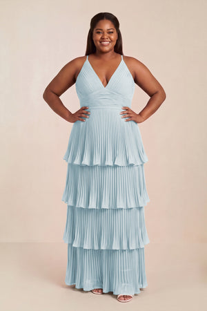 Sky Blue Tiered Pleated V-Neck A-Line Chiffon Bridesmaid Dress [sizeplus] | KISSBRIDAL