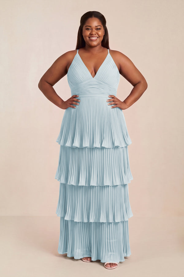 Sky Blue Tiered Pleated V-Neck A-Line Chiffon Bridesmaid Dress [sizeplus] | KISSBRIDAL