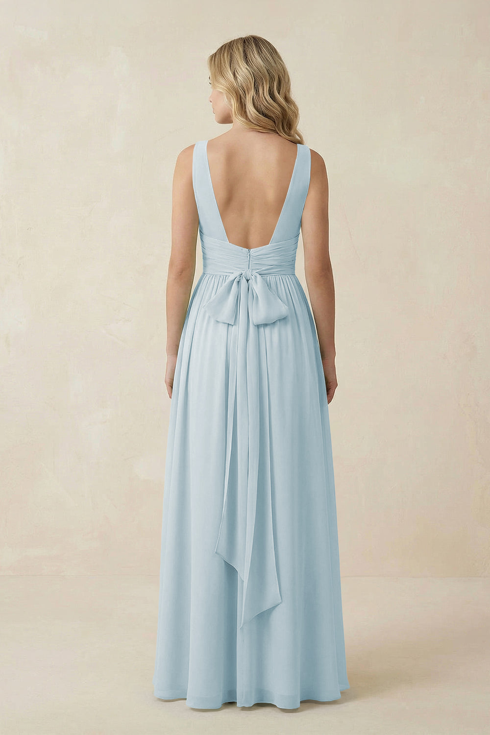 V-Neck A-Line Bridesmaid Dress with Back Bow in Sky Blue