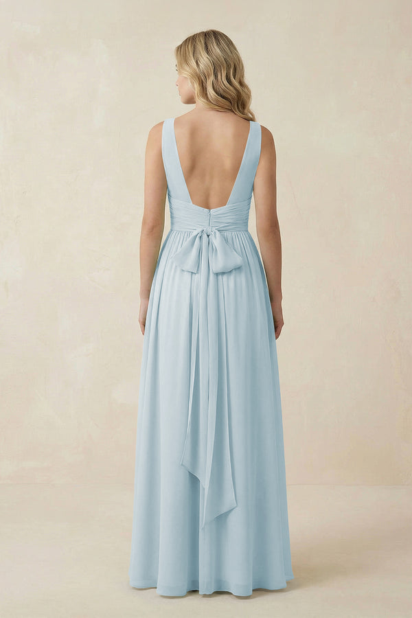 Sky Blue V-Neck A-Line Bridesmaid Dress with Back Bow (2) | KISSBRIDAL