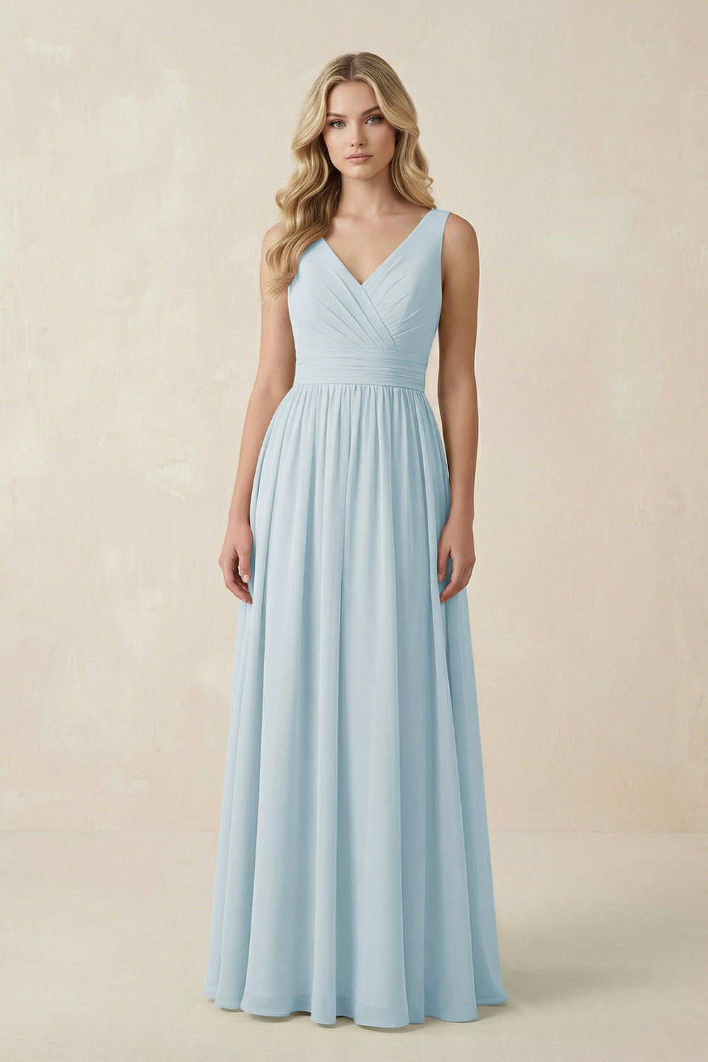 V-Neck A-Line Bridesmaid Dress with Back Bow in Sky Blue