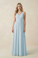Sky Blue V-Neck A-Line Bridesmaid Dress with Back Bow | KISSBRIDAL