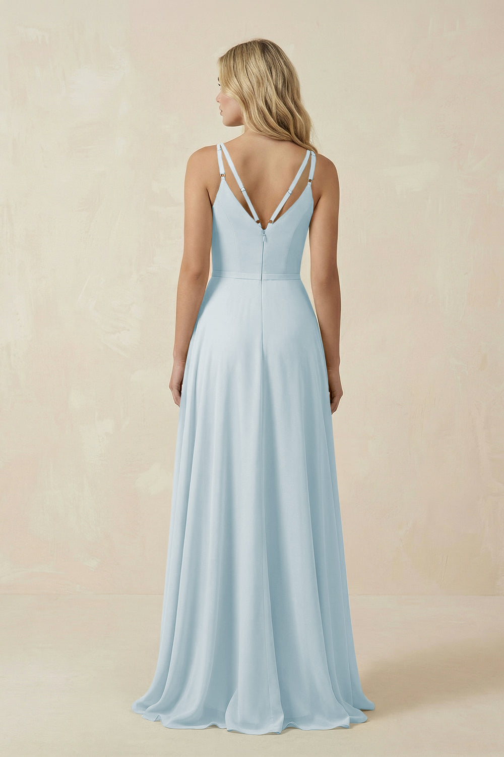 V-Neck A-Line Chiffon Bridesmaid Dress with Crisscross Back in Sky Blue