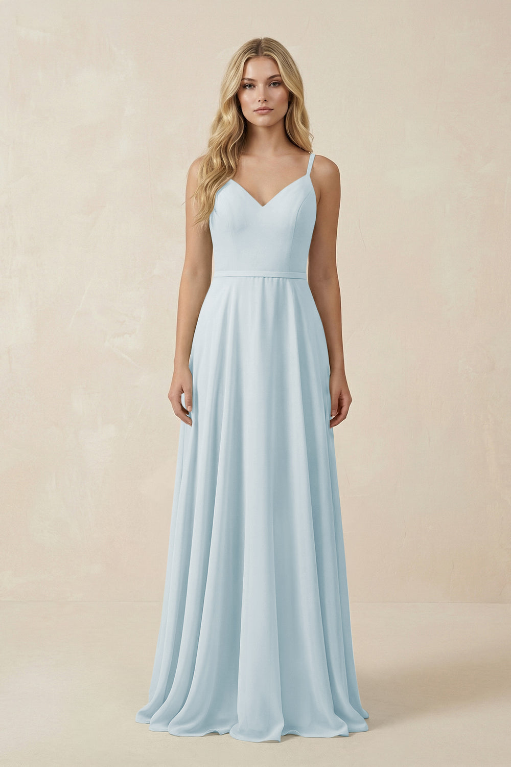 V-Neck A-Line Chiffon Bridesmaid Dress with Crisscross Back in Sky Blue