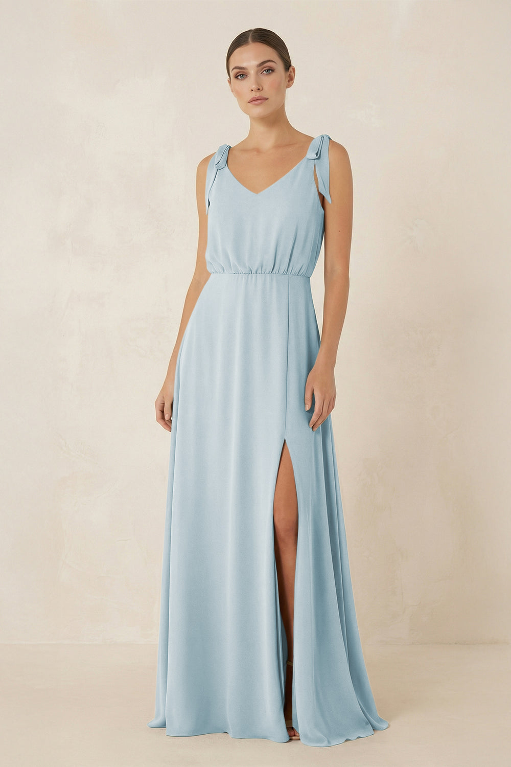 V-Neck A-Line Chiffon Bridesmaid Dress in Sky Blue