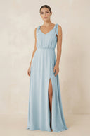 Sky Blue V-Neck A-Line Chiffon Bridesmaid Dress | KISSBRIDAL