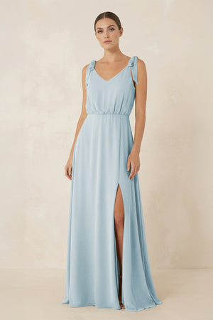 Sky Blue V-Neck A-Line Chiffon Bridesmaid Dress | KISSBRIDAL