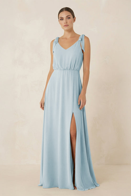 Sky Blue V-Neck A-Line Chiffon Bridesmaid Dress | KISSBRIDAL