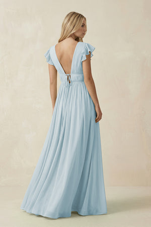 Sky Blue V-Neck A-Line Chiffon Cap Sleeves Bridesmaid Dress (2) | KISSBRIDAL