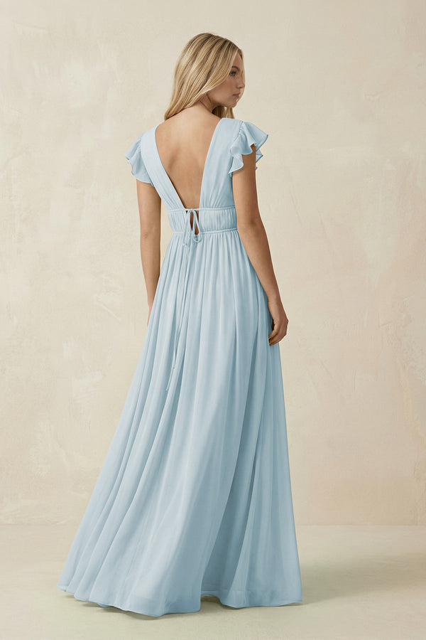 Sky Blue V-Neck A-Line Chiffon Cap Sleeves Bridesmaid Dress (2) | KISSBRIDAL