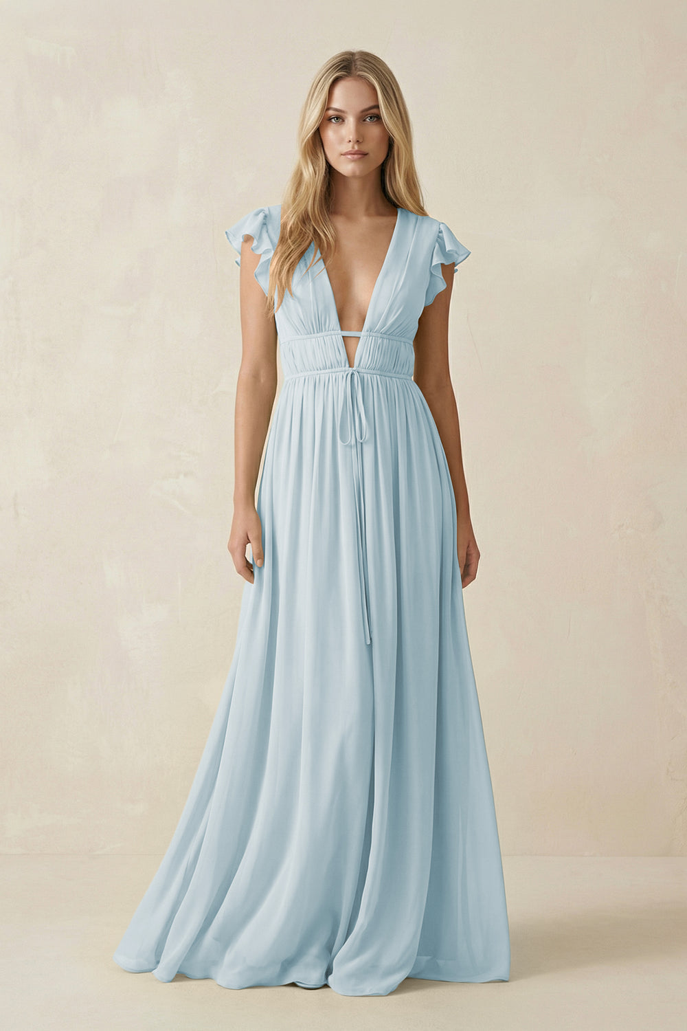 V-Neck A-Line Chiffon Cap Sleeves Bridesmaid Dress in Sky Blue