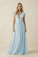 Sky Blue V-Neck A-Line Chiffon Cap Sleeves Bridesmaid Dress | KISSBRIDAL