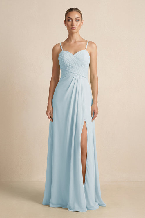 Sky Blue V-Neck A-Line Chiffon Pleated Bridesmaid Dress | KISSBRIDAL