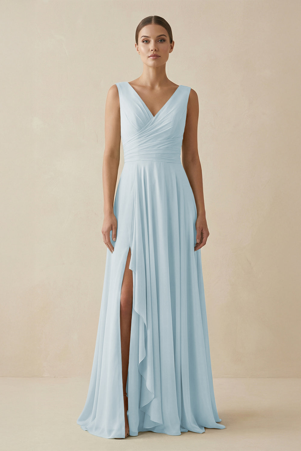 V-Neck A-Line Chiffon Ruffled Bridesmaid Dress in Sky Blue