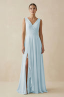 Sky Blue V-Neck A-Line Chiffon Ruffled Bridesmaid Dress | KISSBRIDAL