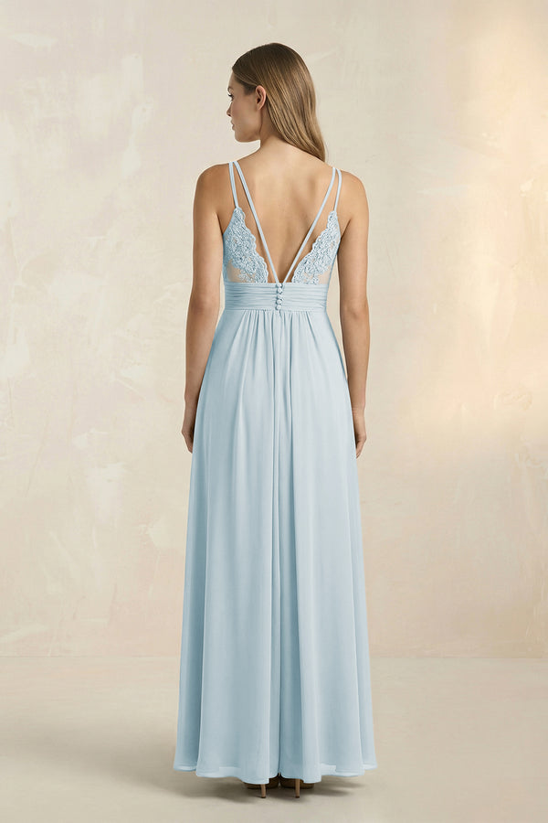Sky Blue V-Neck A-Line Pleated Chiffon Bridesmaid Dress (2) | KISSBRIDAL