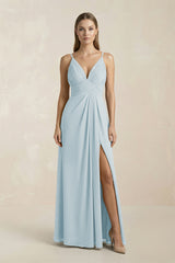 Sky Blue V-Neck A-Line Pleated Chiffon Bridesmaid Dress | KISSBRIDAL