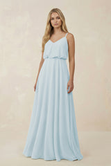 Sky Blue V-Neck Blouson A-Line Chiffon Bridesmaid Dress | KISSBRIDAL