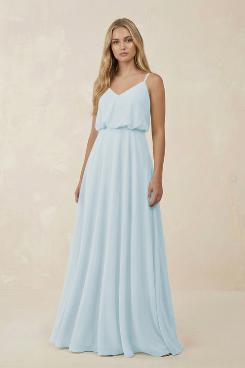 Sky Blue V-Neck Blouson A-Line Chiffon Bridesmaid Dress | KISSBRIDAL