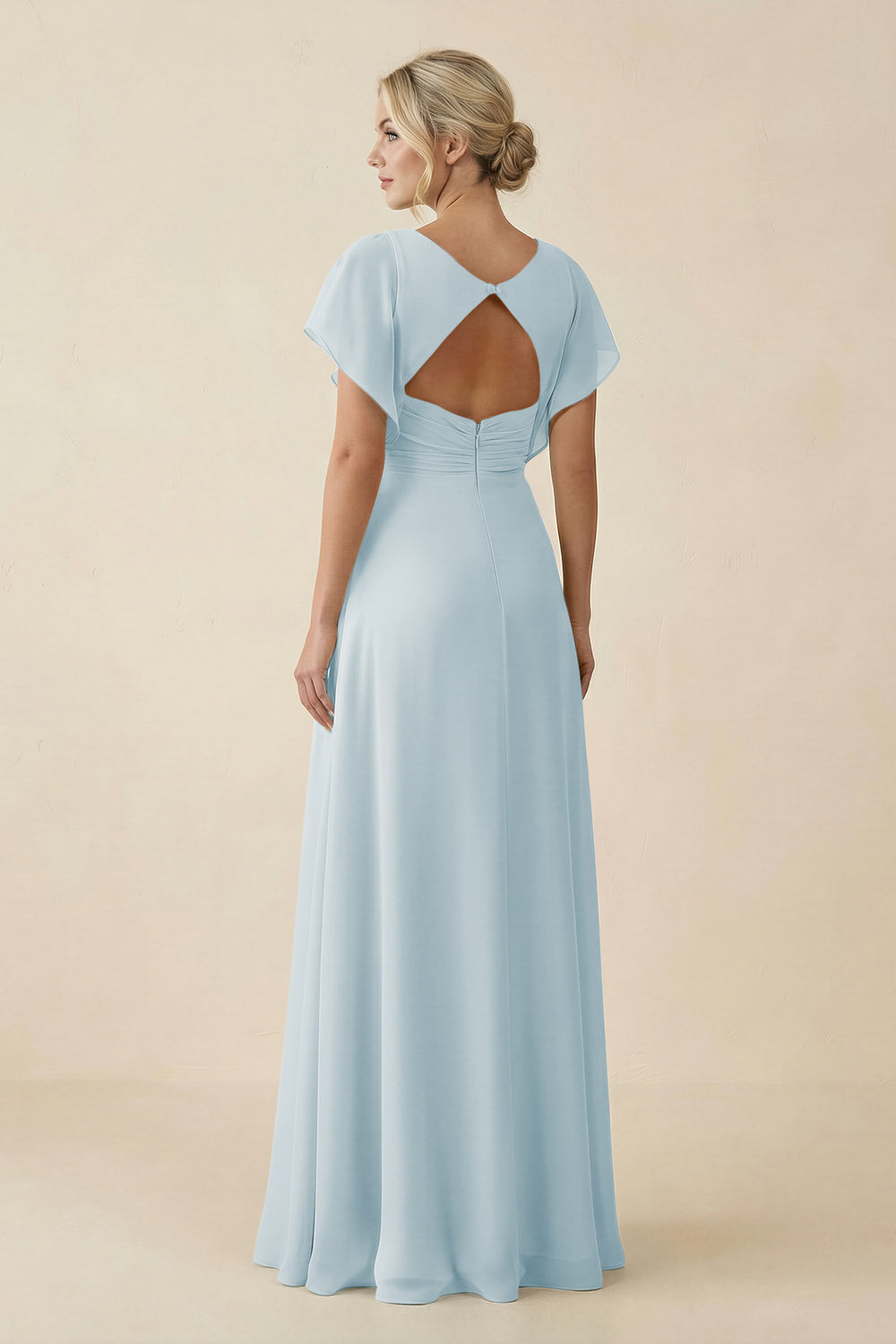 V-Neck Cap Sleeve Chiffon Bridesmaid Dress with Cut-out Back in Sky Blue