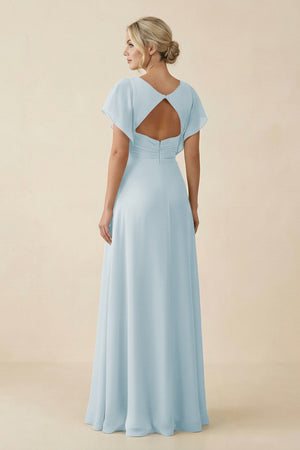 Sky Blue V-Neck Cap Sleeve Chiffon Bridesmaid Dress with Cut-out Back (2) | KISSBRIDAL