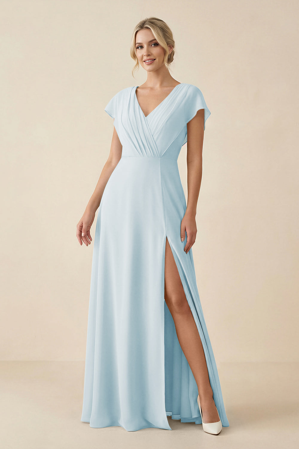 V-Neck Cap Sleeve Chiffon Bridesmaid Dress with Cut-out Back in Sky Blue