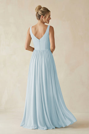 Sky Blue V-Neck Chiffon A-Line Long Bridesmaid Dress (2) | KISSBRIDAL