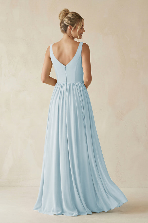 Sky Blue V-Neck Chiffon A-Line Long Bridesmaid Dress (2) | KISSBRIDAL