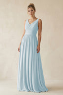 Sky Blue V-Neck Chiffon A-Line Long Bridesmaid Dress | KISSBRIDAL