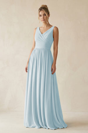 Sky Blue V-Neck Chiffon A-Line Long Bridesmaid Dress | KISSBRIDAL