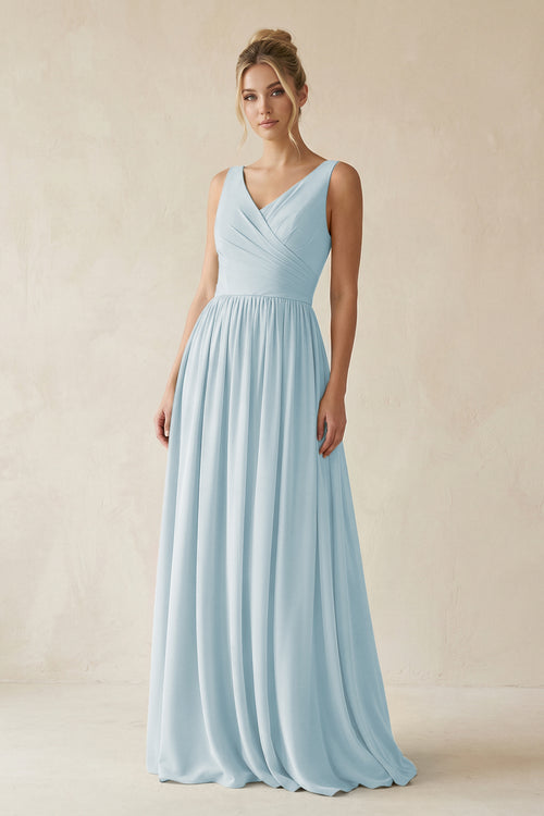 Sky Blue V-Neck Chiffon A-Line Long Bridesmaid Dress | KISSBRIDAL