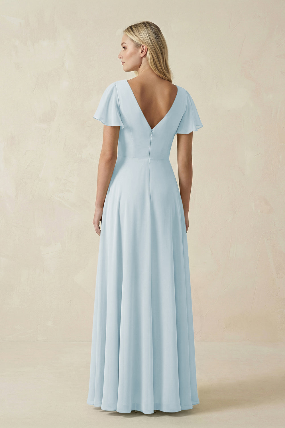 V-Neck Flutter Sleeve A-Line Chiffon Bridesmaid Dress in Sky Blue