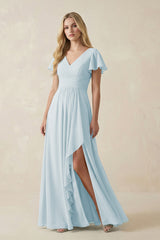 Sky Blue V-Neck Flutter Sleeve A-Line Chiffon Bridesmaid Dress | KISSBRIDAL
