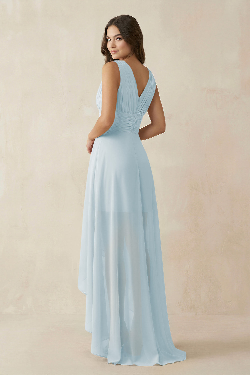 V-Neck High-Low Chiffon Bridesmaid Dress in Sky Blue