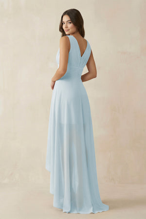 Sky Blue V-Neck High-Low Chiffon Bridesmaid Dress (2) | KISSBRIDAL