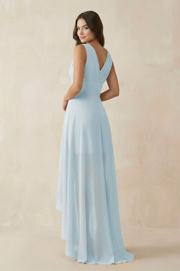 Sky Blue V-Neck High-Low Chiffon Bridesmaid Dress (2) | KISSBRIDAL