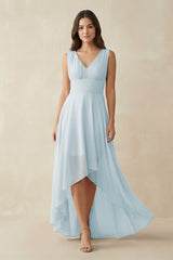 Sky Blue V-Neck High-Low Chiffon Bridesmaid Dress | KISSBRIDAL