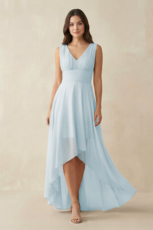 Sky Blue V-Neck High-Low Chiffon Bridesmaid Dress | KISSBRIDAL