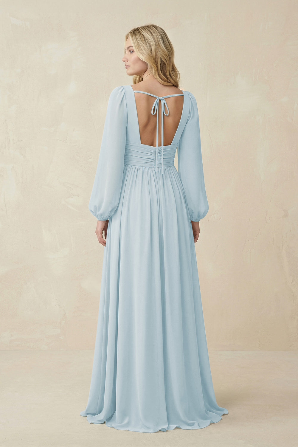 V-Neck Long Sleeve A-Line Chiffon Bridesmaid Dress in Sky Blue