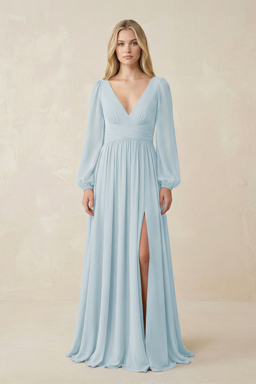 V-Neck Long Sleeve A-Line Chiffon Bridesmaid Dress in Sky Blue