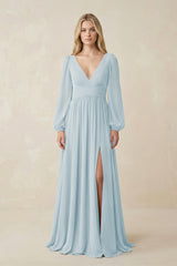 Sky Blue V-Neck Long Sleeve A-Line Chiffon Bridesmaid Dress | KISSBRIDAL