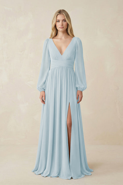 Sky Blue V-Neck Long Sleeve A-Line Chiffon Bridesmaid Dress | KISSBRIDAL