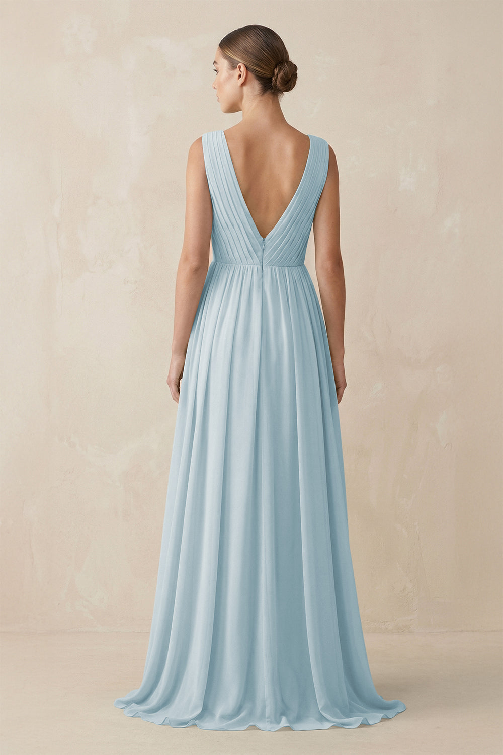 V-Neck Pleated A-Line Chiffon Bridesmaid Dress in Sky Blue