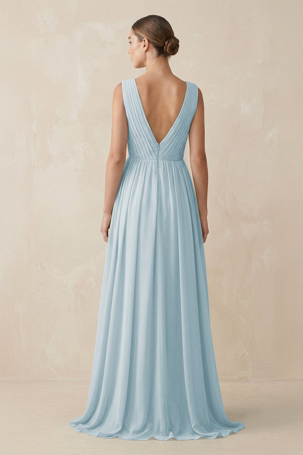 Sky Blue V-Neck Pleated A-Line Chiffon Bridesmaid Dress (2) | KISSBRIDAL