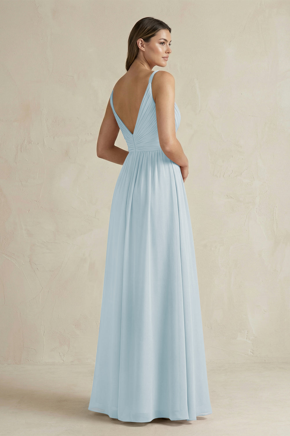 V-Neck Pleated A-Line Chiffon Bridesmaid Dress in Sky Blue