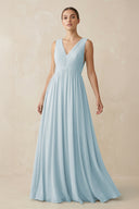 Sky Blue V-Neck Pleated A-Line Chiffon Bridesmaid Dress | KISSBRIDAL