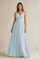 Sky Blue V-Neck Pleated A-Line Chiffon Bridesmaid Dress | KISSBRIDAL