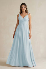 Sky Blue V-Neck Pleated A-Line Chiffon Bridesmaid Dress | KISSBRIDAL