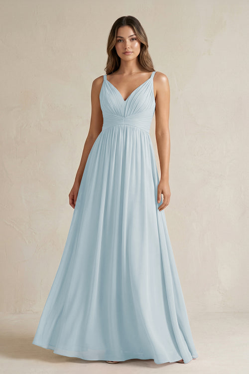 Sky Blue V-Neck Pleated A-Line Chiffon Bridesmaid Dress | KISSBRIDAL